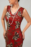 Rood gouden pailletten jaren 1920 V hals Bodycon Flapper jurk met kwastjes