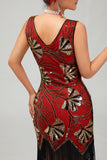 Rood gouden pailletten jaren 1920 V hals Bodycon Flapper jurk met kwastjes