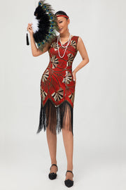 Rood gouden pailletten jaren 1920 V hals Bodycon Flapper jurk met kwastjes