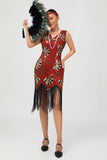 Rood gouden pailletten jaren 1920 V hals Bodycon Flapper jurk met kwastjes