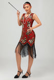 Rood gouden pailletten jaren 1920 V hals Bodycon Flapper jurk met kwastjes