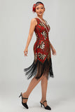 Rood gouden pailletten jaren 1920 V hals Bodycon Flapper jurk met kwastjes
