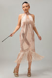 Bodycon halter zwarte gouden pailletten jaren 1920 jurk met franjes
