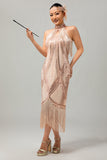Champagne pailletten Halter Fringe jaren 1920 jurk met 5-delige accessoires Set