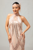Champagne pailletten Halter Fringe jaren 1920 jurk met 5-delige accessoires Set