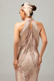 Champagne Halter Pailletten Sleutelgat Gefranjerde Jaren 1920 Jurk