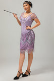Paarse pailletten Fringe jaren 1920 jurk met 5-delige accessoires Set