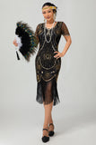 Gatsby zwart rood Scoop Fringed Bodycon jaren 1920 jurk met pailletten