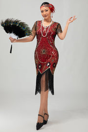 Gatsby zwart rood Scoop Fringed Bodycon jaren 1920 jurk met pailletten