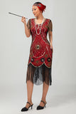 Gatsby zwart rood Scoop Fringed Bodycon jaren 1920 jurk met pailletten