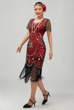 Gatsby zwart rood Scoop Fringed Bodycon jaren 1920 jurk met pailletten