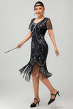 Gatsby zwart rood Scoop Fringed Bodycon jaren 1920 jurk met pailletten