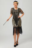 Zwarte gouden pailletten Bodycon jaren 1920 Flapper jurk met kwastjes