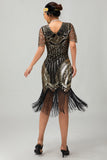 Zwart zilver pailletten V hals Bodycon jaren 1920 jurk met kwasten