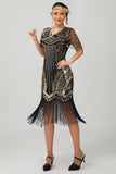 Zwarte gouden pailletten Bodycon jaren 1920 Flapper jurk met kwastjes