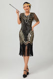 Zwarte gouden pailletten Bodycon jaren 1920 Flapper jurk met kwastjes