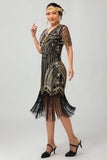 Zwarte gouden pailletten Bodycon jaren 1920 Flapper jurk met kwastjes