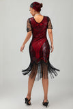 Zwart zilver pailletten V hals Bodycon jaren 1920 jurk met kwasten