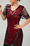 Zwart rood gefranjerde pailletten jaren 1920 jurk met accessoires Set