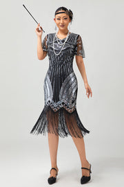Zwart zilver pailletten V hals Bodycon jaren 1920 jurk met kwasten
