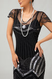 Zwarte zilveren gatsby pailletten korte jaren 1920 jurk met franjes