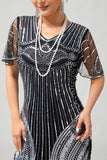 Zwart zilveren pailletten V-hals Fringe jaren 1920 jurk met 5-delige accessoires Set