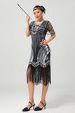 Zwart zilveren pailletten V-hals Fringe jaren 1920 jurk met 5-delige accessoires Set