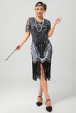 Zwart zilveren pailletten V-hals Fringe jaren 1920 jurk met 5-delige accessoires Set