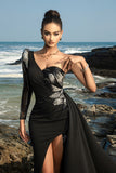 Een schouder zwarte zeemeermin pailletten avondjurk met split