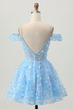 Sprankelende pailletten Blauwe A-lijn Cold Shoulder Mini Homecoming Jurk met Open Rug