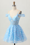 Sprankelende pailletten Blauwe A-lijn Cold Shoulder Mini Homecoming Jurk met Open Rug