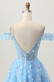 Sprankelende pailletten Blauwe A-lijn Cold Shoulder Mini Homecoming Jurk met Open Rug