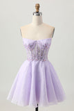 Sprankelende A Line Strapless Pailletten Vetersluiting Aan de Achterkant Mini Lilac Homecoming Jurk met Kralen