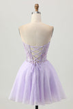 Sprankelende A Line Strapless Pailletten Vetersluiting Aan de Achterkant Mini Lilac Homecoming Jurk met Kralen