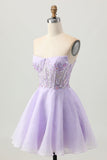 Sprankelende A Line Strapless Pailletten Vetersluiting Aan de Achterkant Mini Lilac Homecoming Jurk met Kralen