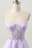 Sprankelende A Line Strapless Pailletten Vetersluiting Aan de Achterkant Mini Lilac Homecoming Jurk met Kralen