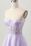 Sprankelende A Line Strapless Pailletten Vetersluiting Aan de Achterkant Mini Lilac Homecoming Jurk met Kralen