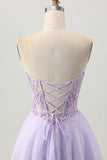 Sprankelende A Line Strapless Pailletten Vetersluiting Aan de Achterkant Mini Lilac Homecoming Jurk met Kralen