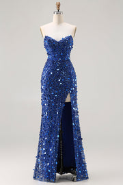 Glinsterende blauwe strapless pailletten korset lange galajurk met split