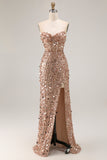 Glitterende gouden strapless paillettenschede plus maat lange galajurk met split