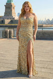 Sprankelende champagne strapless schede lange galajurk met split