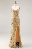 Glitterende gouden strapless paillettenschede plus maat lange galajurk met split