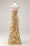 Glitterende gouden strapless paillettenschede plus maat lange galajurk met split