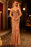Glinsterende roze strapless pailletten lange galajurk met split