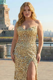 Sprankelende champagne strapless schede lange galajurk met split