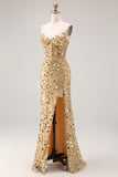 Glitterende gouden strapless paillettenschede plus maat lange galajurk met split