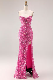 Glinsterende strapless korset lange roze galajurk met split