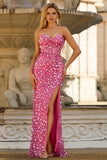 Glinsterende roze strapless pailletten lange galajurk met split