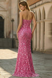 Glinsterende roze strapless pailletten lange galajurk met split