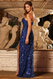 Koninklijk blauwe pailletten strapless zeemeermin-galajurk met hoge split